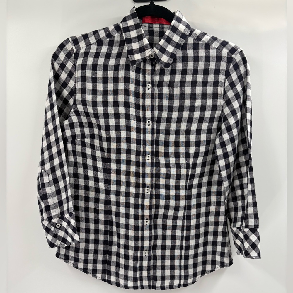 ch carolina herrera women’s button up white and black linen summer blouse size 4